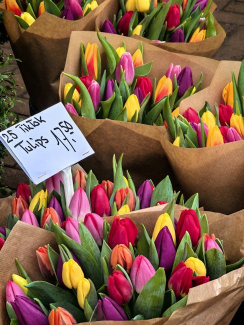 A collection of freshly picked tulips in various vibrant colors, including pink, yellow, orange, red, and purple, arranged in bunches wrapped in brown paper. The tulips have green stems and healthy, s