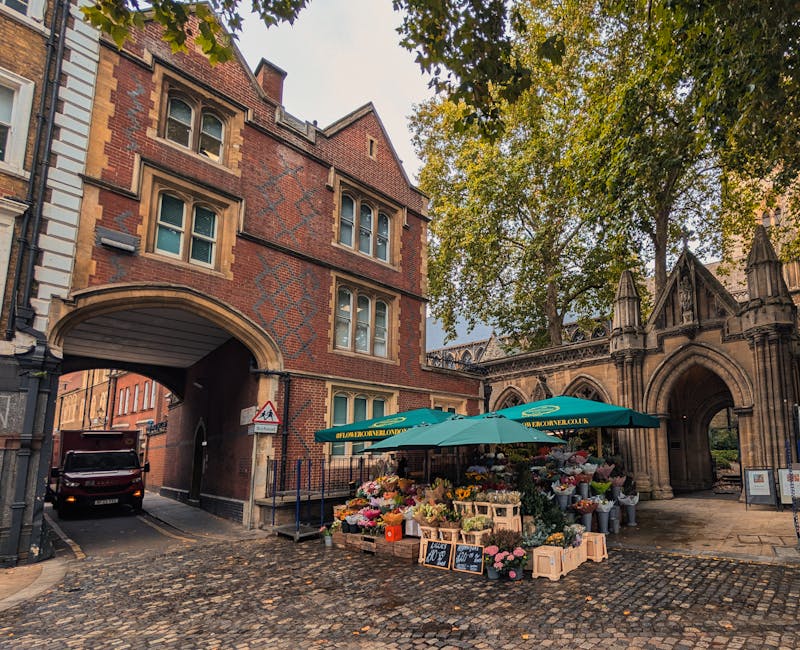 A street scene featuring a flower stall set up under a green umbrella with the URL 'floweronwelly.co.uk' printed on it, situated near a historic brick building with an arched gateway and decorative st